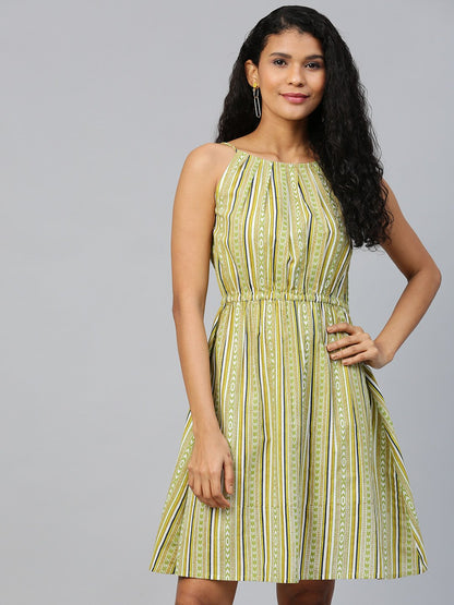 Women's Multi Striped Striped Halter Neck Cotton A-Line Dress