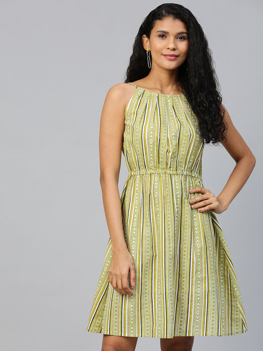Women's Multi Striped Striped Halter Neck Cotton A-Line Dress
