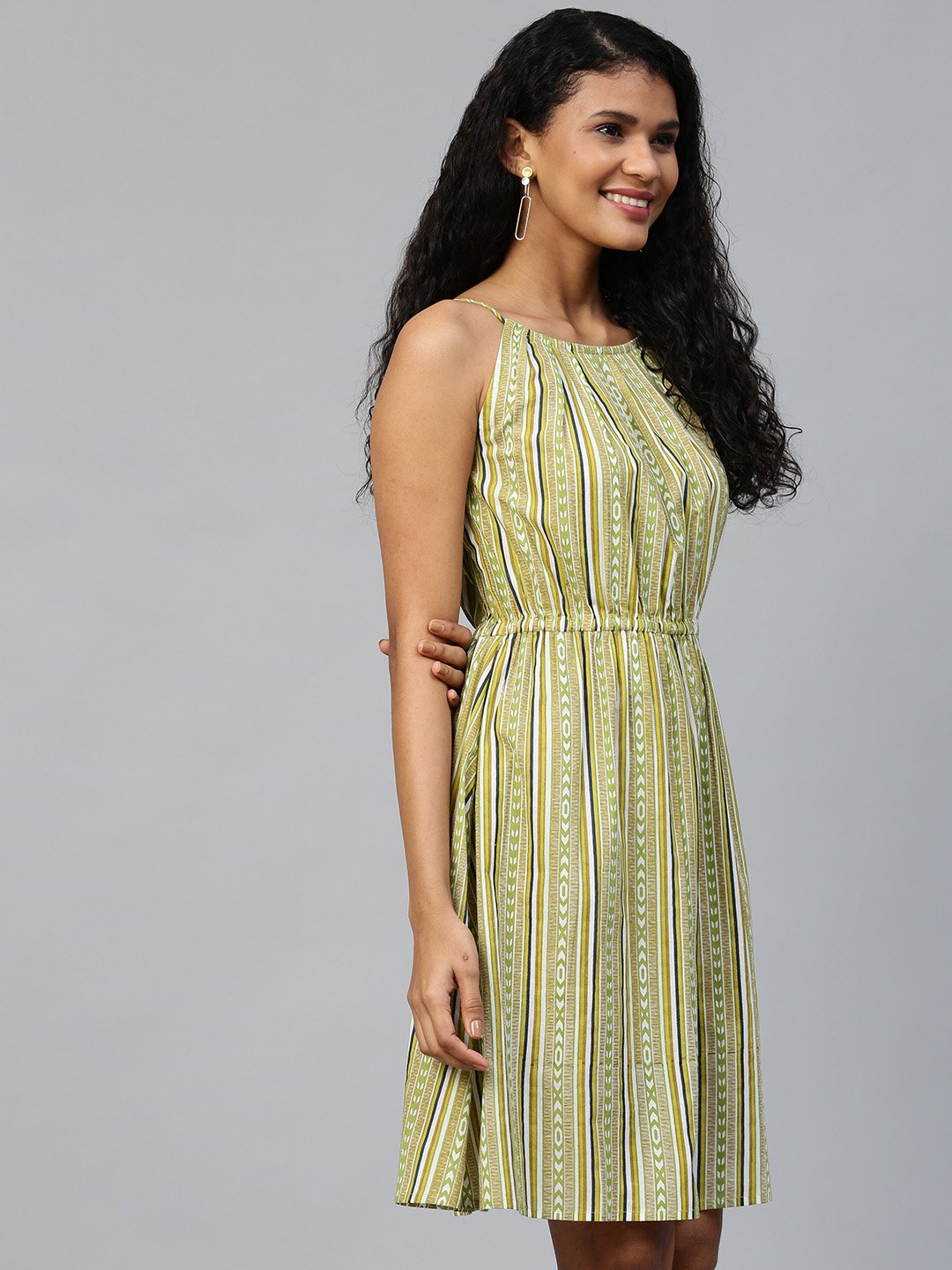 Women's Multi Striped Striped Halter Neck Cotton A-Line Dress