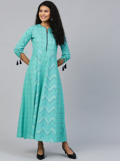 Women's Blue Floral Printed V-Neck Cotton Maxi Dress