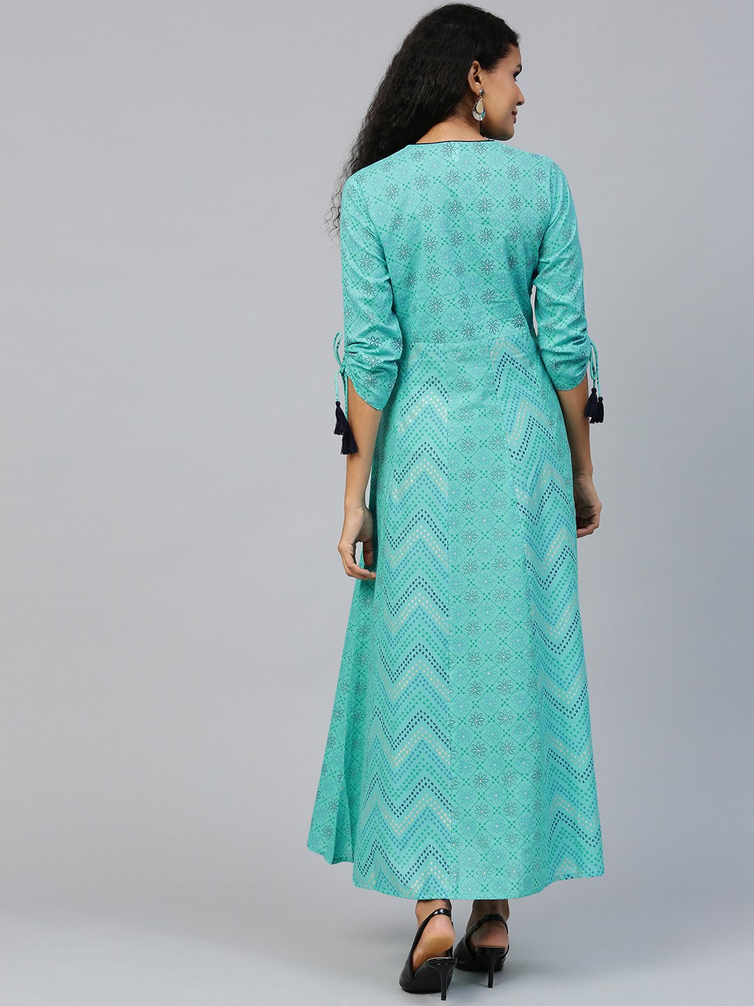 Women's Blue Floral Printed V-Neck Cotton Maxi Dress