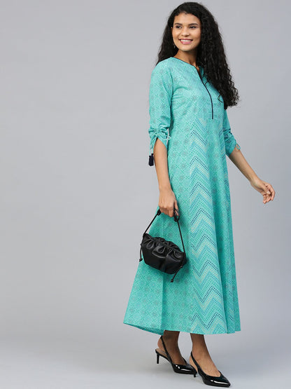 Women's Blue Floral Printed V-Neck Cotton Maxi Dress