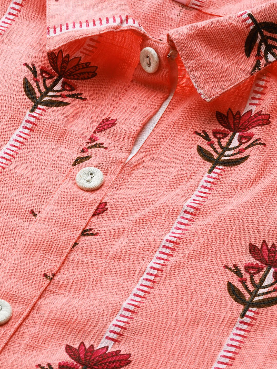 Women's Pink Floral Printed Shirt Collar Cotton Maxi Dress