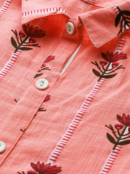 Women's Pink Floral Printed Shirt Collar Cotton Maxi Dress