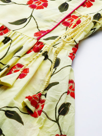 Women's Yellow Floral Printed V-Neck Viscose Rayon Maxi Dress
