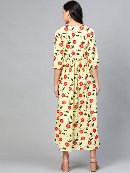 Women's Yellow Floral Printed V-Neck Viscose Rayon Maxi Dress