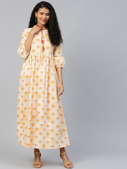 Women's Off White Floral Printed Round Neck Cotton A-Line Dress