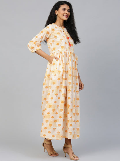Women's Off White Floral Printed Round Neck Cotton A-Line Dress