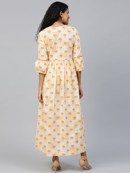 Women's Off White Floral Printed Round Neck Cotton A-Line Dress