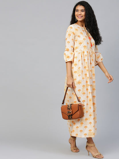 Women's Off White Floral Printed Round Neck Cotton A-Line Dress