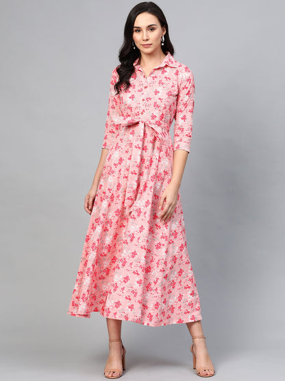 Women's Pink Floral Printed Shirt Collar Cotton A-Line Dress
