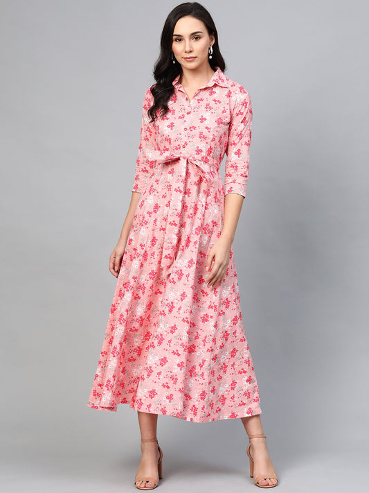 Women's Pink Floral Printed Shirt Collar Cotton A-Line Dress