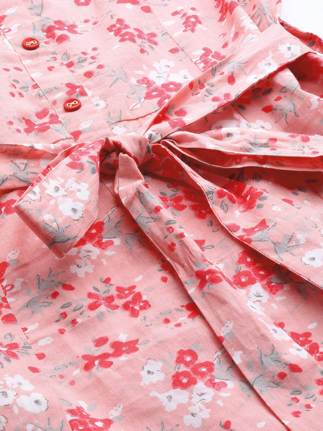 Women's Pink Floral Printed Shirt Collar Cotton A-Line Dress