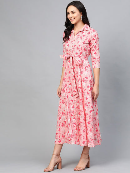 Women's Pink Floral Printed Shirt Collar Cotton A-Line Dress