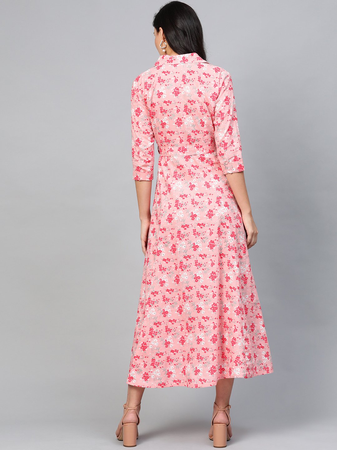 Women's Pink Floral Printed Shirt Collar Cotton A-Line Dress
