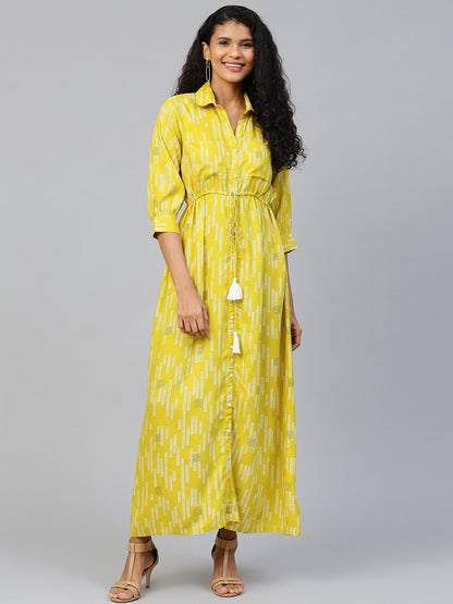 Women's Limegreen Conversational Printed Shirt Collar Viscose Rayon A-Line Dress