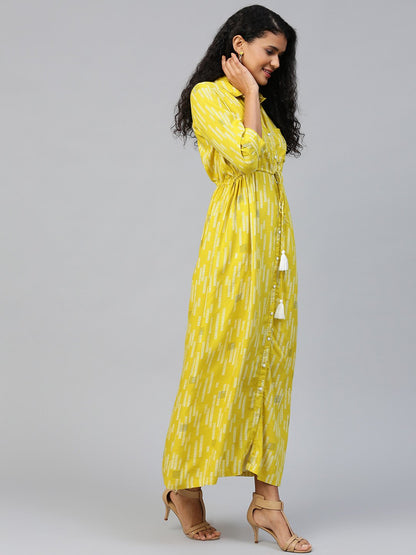 Women's Limegreen Conversational Printed Shirt Collar Viscose Rayon A-Line Dress
