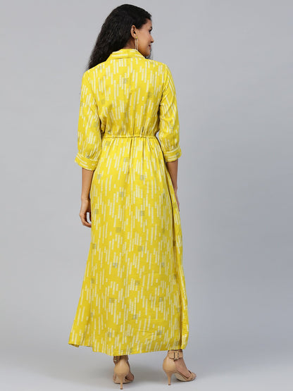 Women's Limegreen Conversational Printed Shirt Collar Viscose Rayon A-Line Dress
