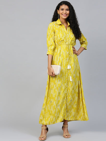 Women's Limegreen Conversational Printed Shirt Collar Viscose Rayon A-Line Dress