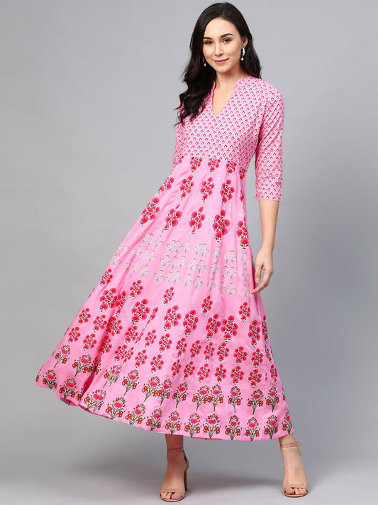 Women's Pink Floral Printed Mandarin Collar Viscose Rayon Fit And Flare Dress