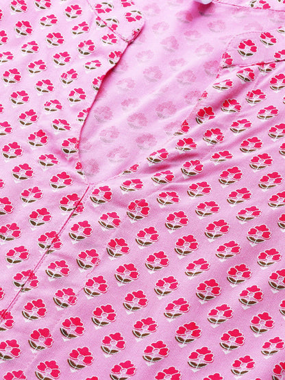 Women's Pink Floral Printed Mandarin Collar Viscose Rayon Fit And Flare Dress