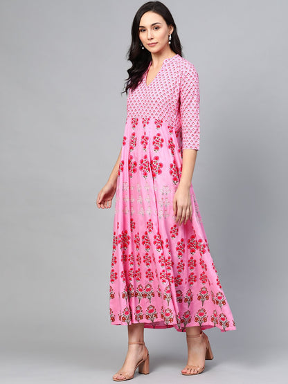 Women's Pink Floral Printed Mandarin Collar Viscose Rayon Fit And Flare Dress