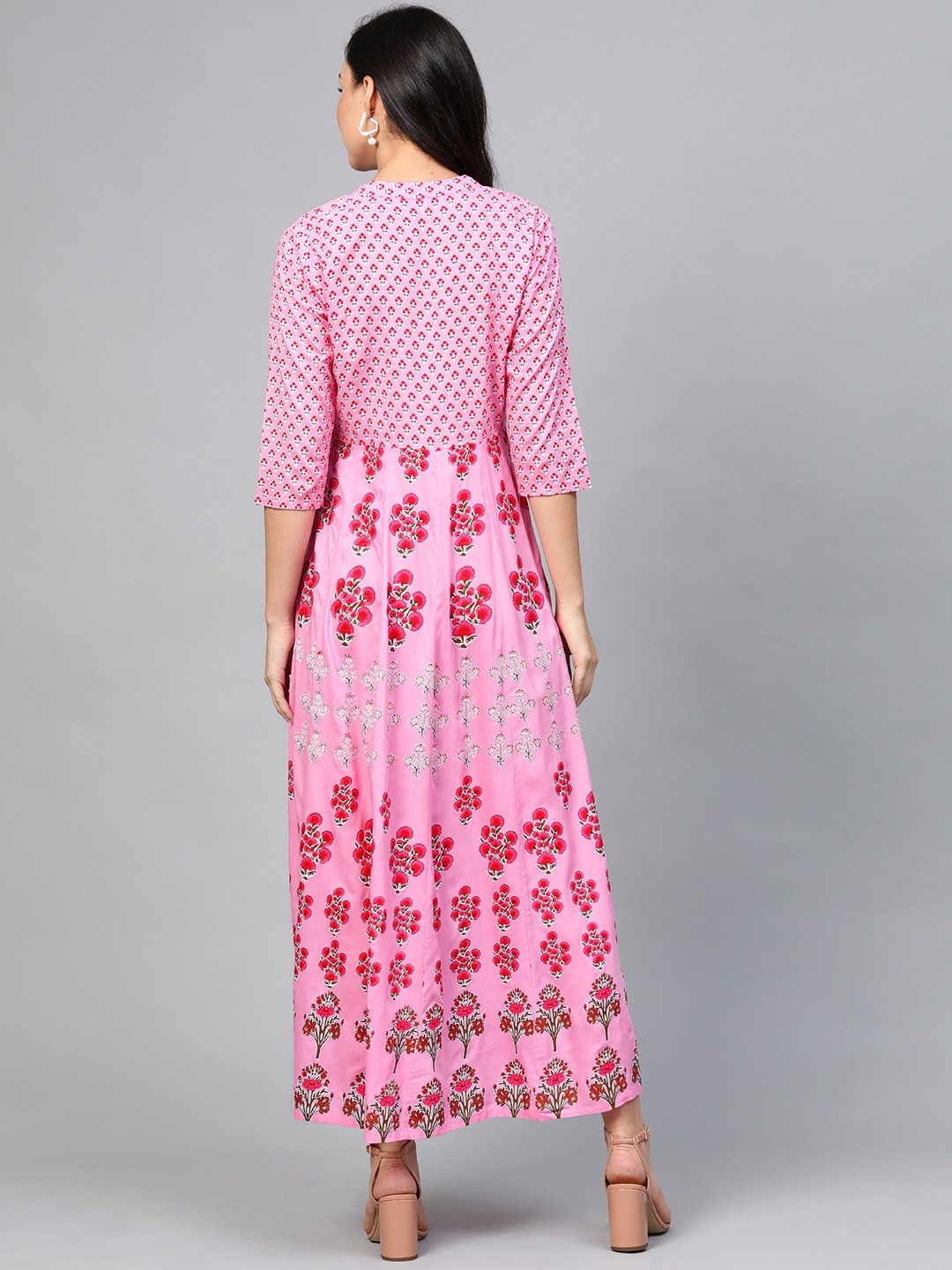 Women's Pink Floral Printed Mandarin Collar Viscose Rayon Fit And Flare Dress