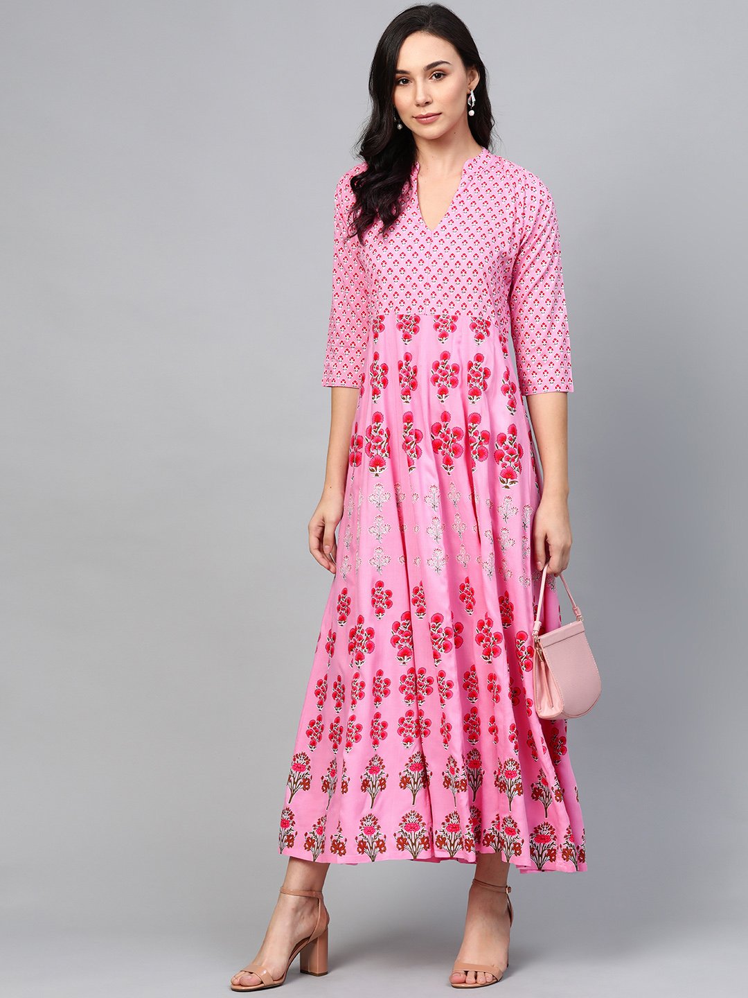 Women's Pink Floral Printed Mandarin Collar Viscose Rayon Fit And Flare Dress