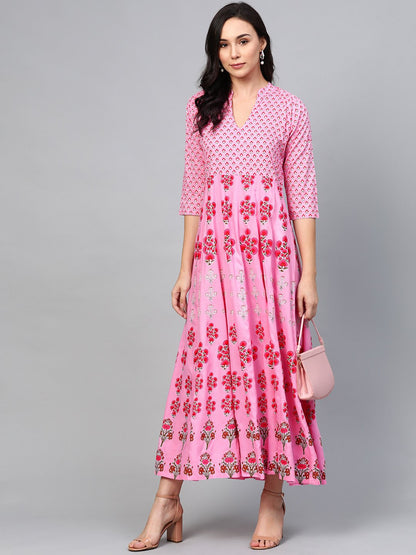 Women's Pink Floral Printed Mandarin Collar Viscose Rayon Fit And Flare Dress