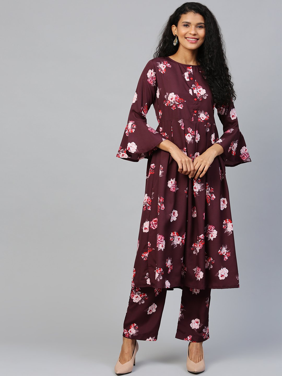 Women's Burgundy Three-Quarter Sleeves Flared Kurta Palazzo Set