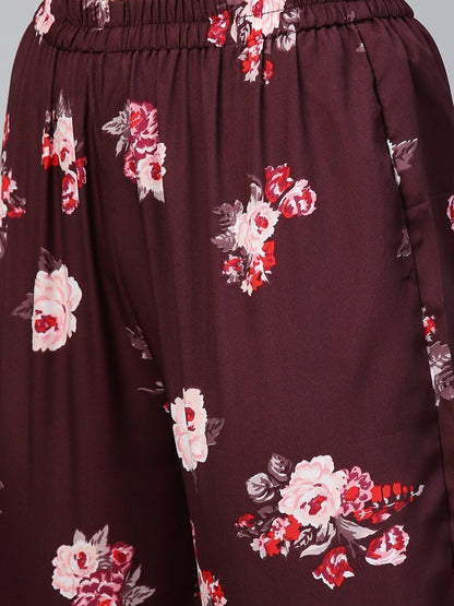 Women's Burgundy Three-Quarter Sleeves Flared Kurta Palazzo Set