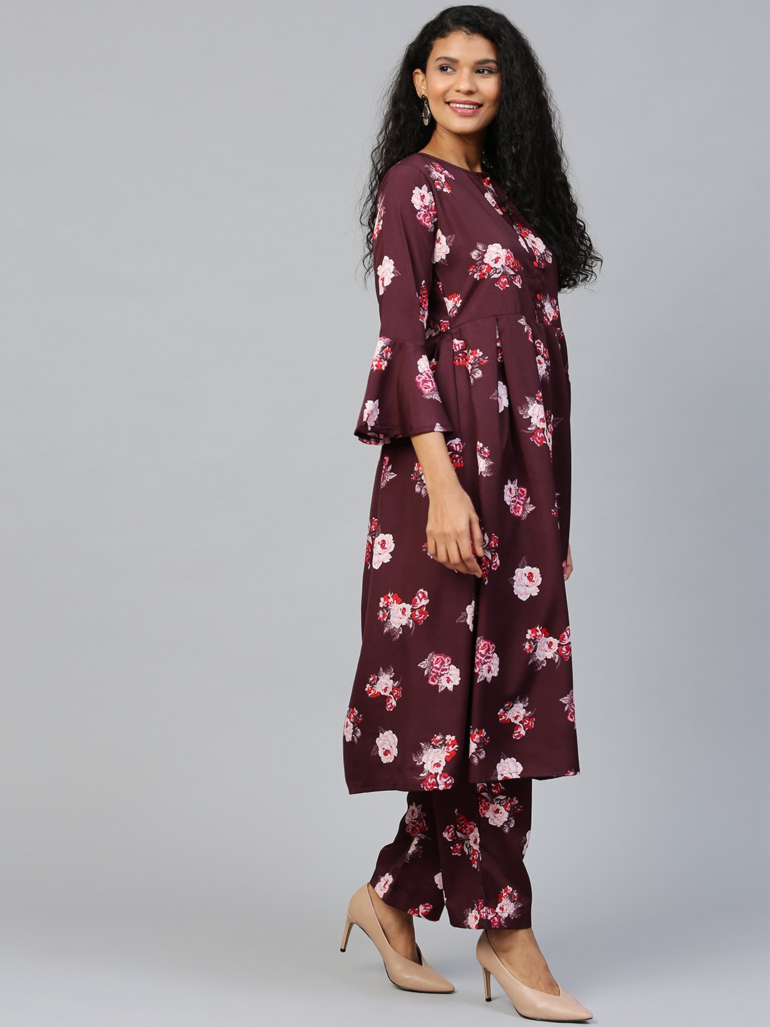 Women's Burgundy Three-Quarter Sleeves Flared Kurta Palazzo Set
