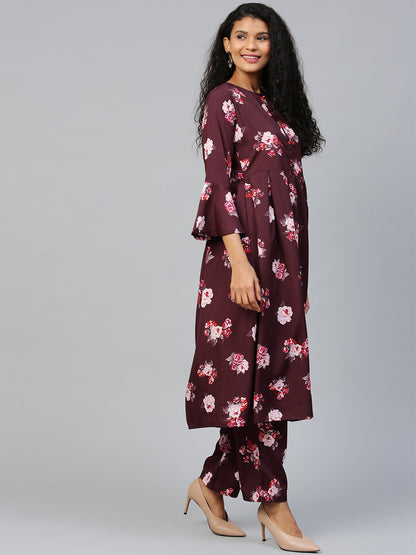 Women's Burgundy Three-Quarter Sleeves Flared Kurta Palazzo Set
