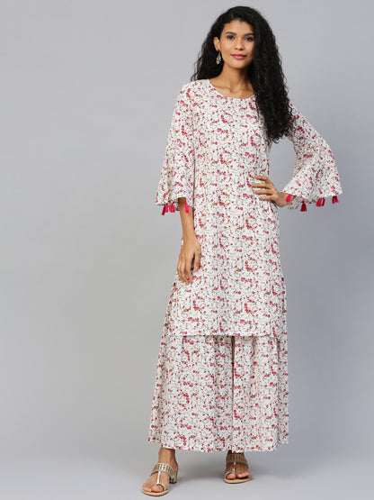 Women's White Three-Quarter Sleeves Straight Kurta With Sharara