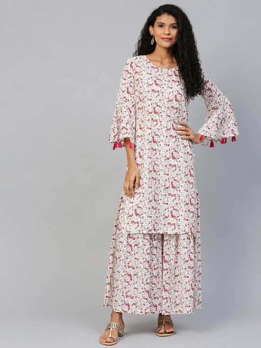 Women's White Three-Quarter Sleeves Straight Kurta With Sharara
