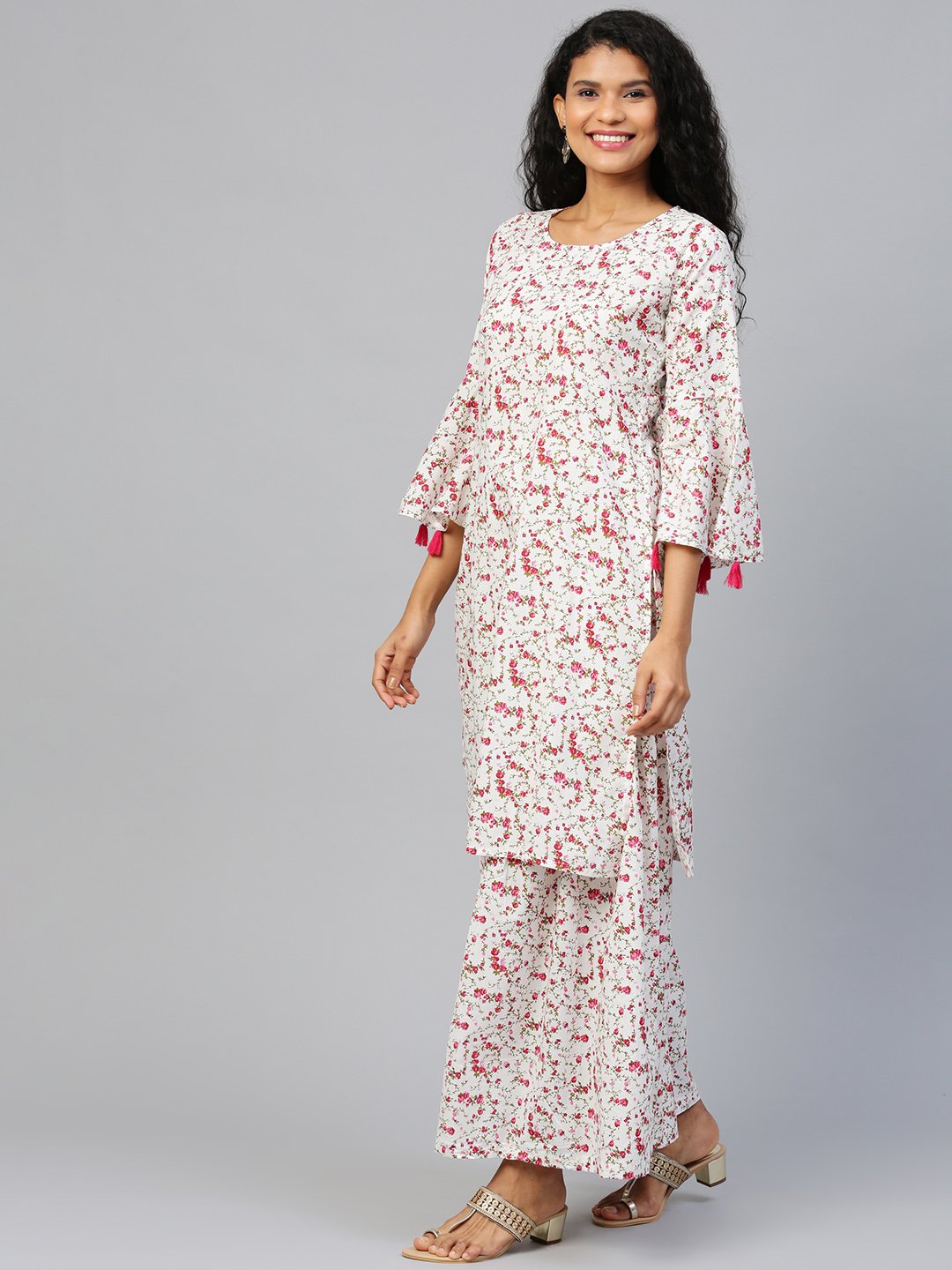 Women's White Three-Quarter Sleeves Straight Kurta With Sharara