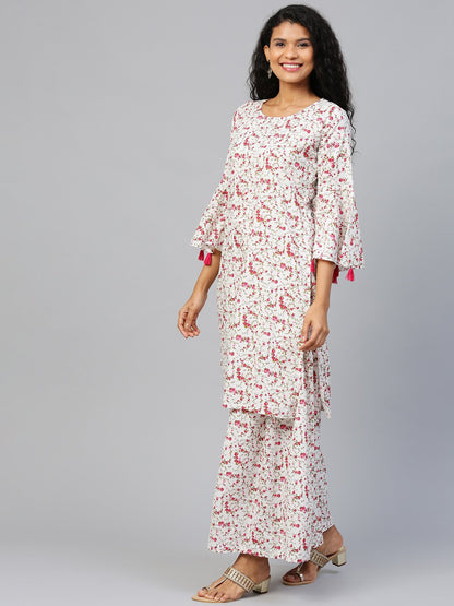 Women's White Three-Quarter Sleeves Straight Kurta With Sharara