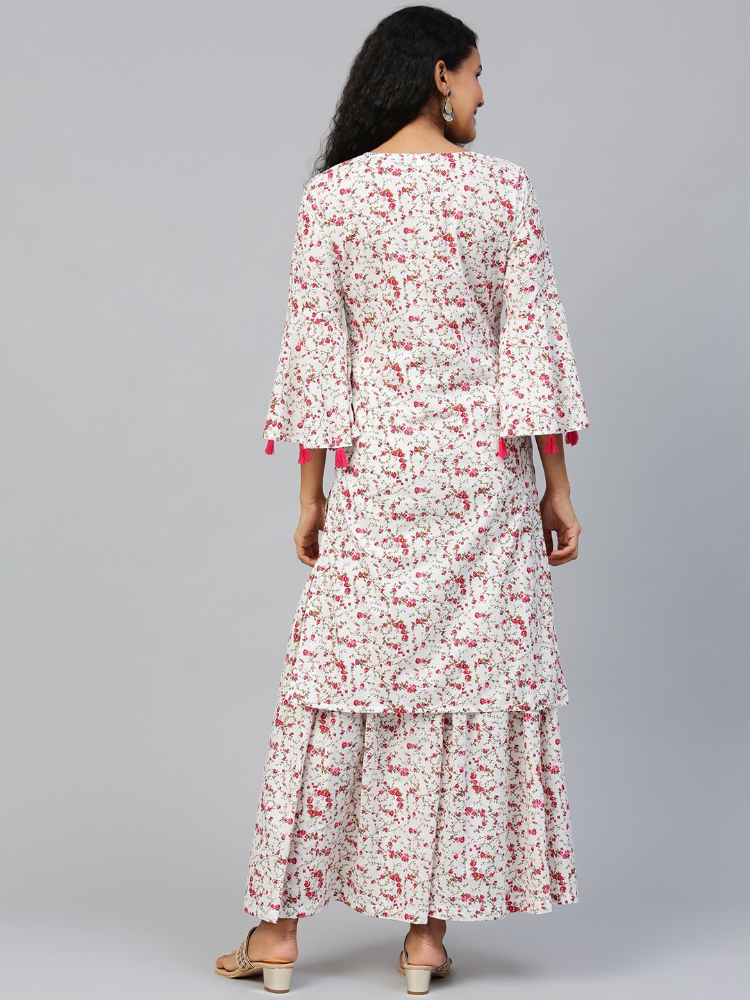 Women's White Three-Quarter Sleeves Straight Kurta With Sharara
