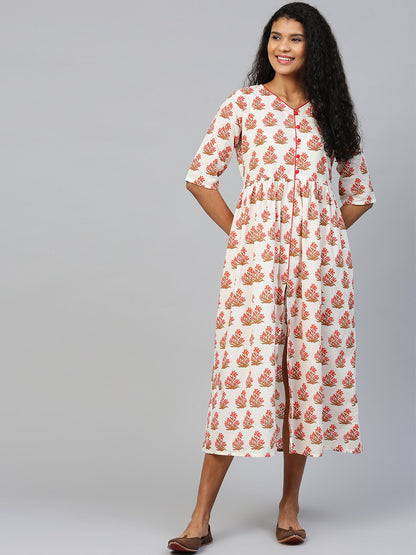 Women's Off White Floral Printed V-Neck Cotton A-Line Dress