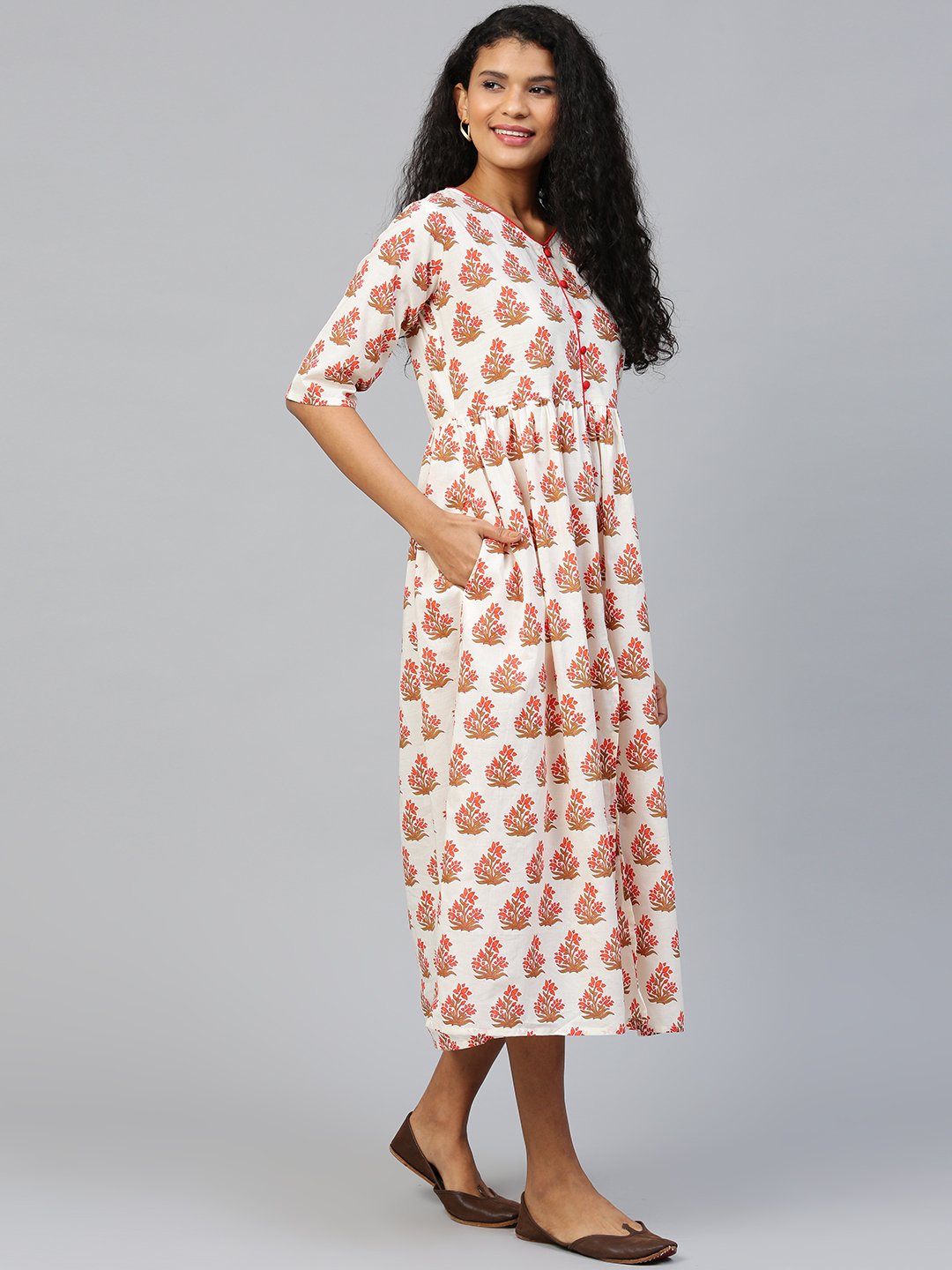 Women's Off White Floral Printed V-Neck Cotton A-Line Dress