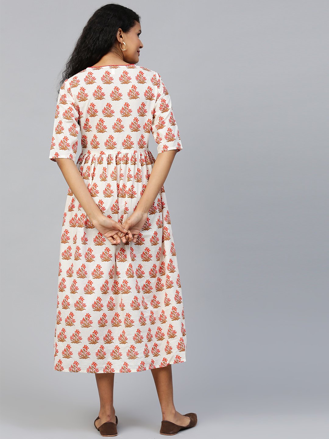 Women's Off White Floral Printed V-Neck Cotton A-Line Dress