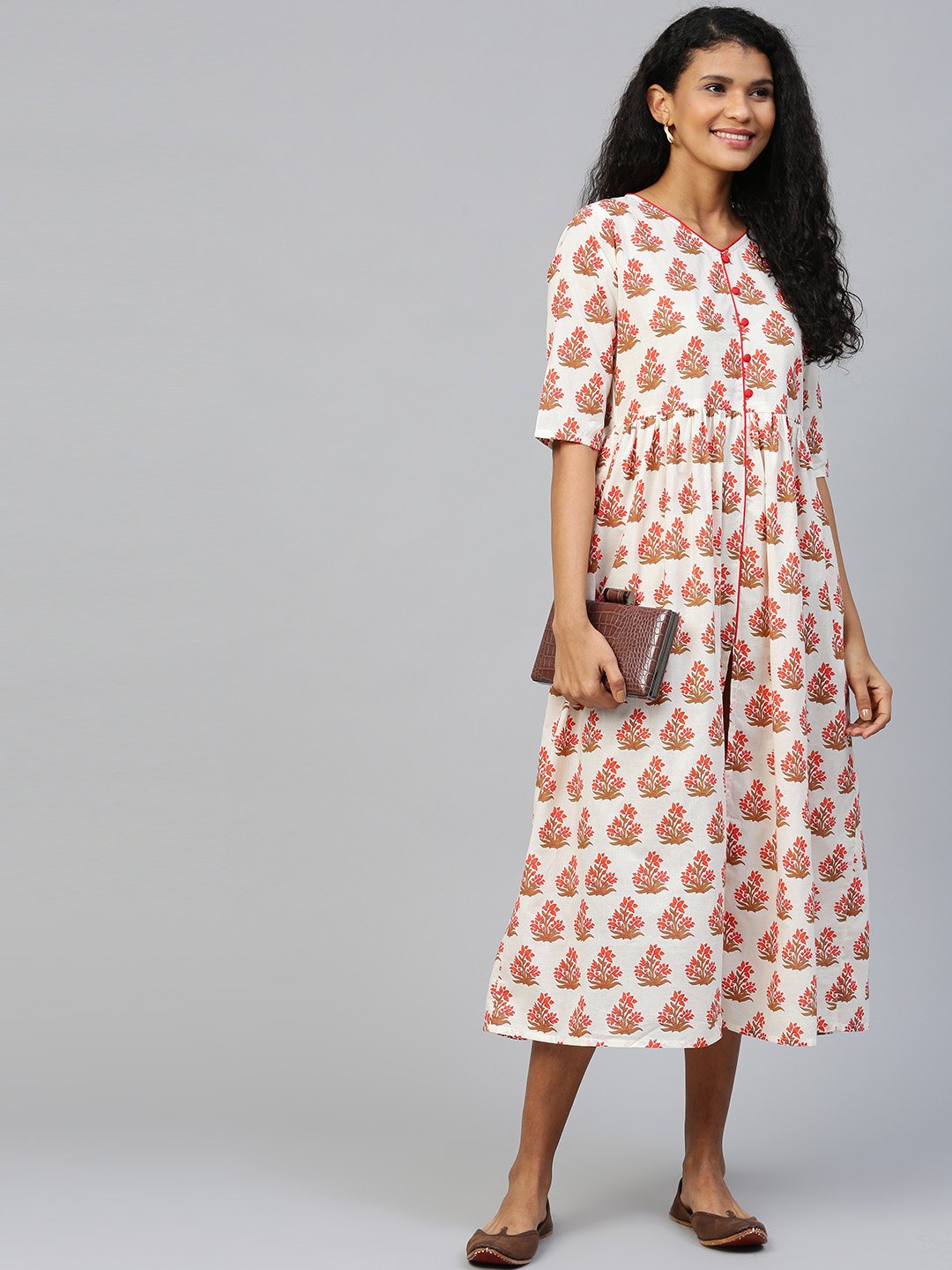 Women's Off White Floral Printed V-Neck Cotton A-Line Dress