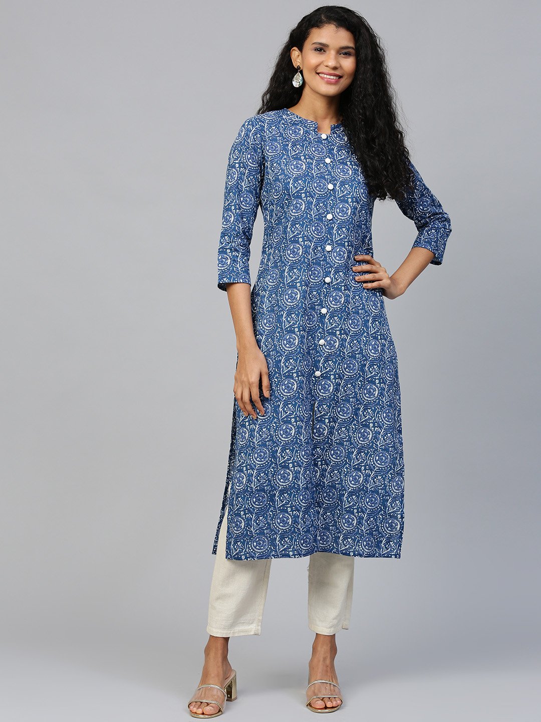 Women's Blue Floral Printed Mandarin Collar Cotton A-Line Dress