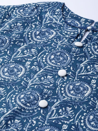 Women's Blue Floral Printed Mandarin Collar Cotton A-Line Dress