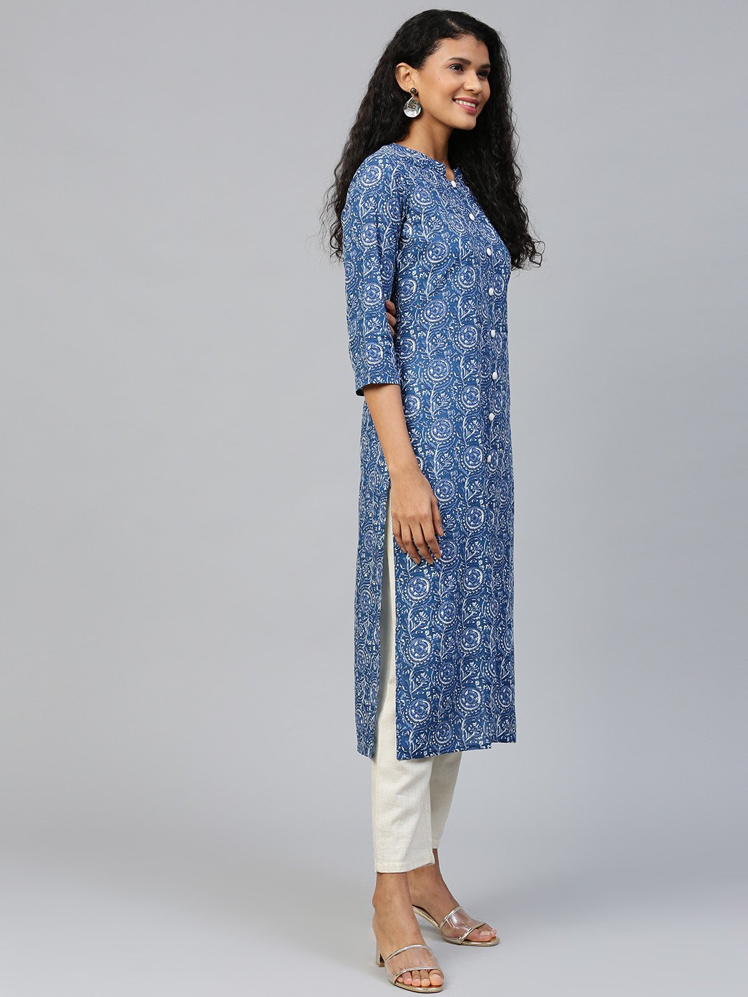 Women's Blue Floral Printed Mandarin Collar Cotton A-Line Dress