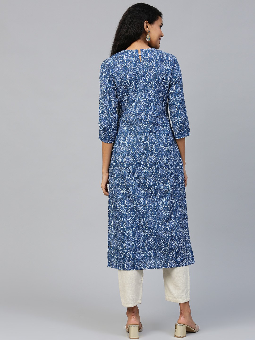 Women's Blue Floral Printed Mandarin Collar Cotton A-Line Dress