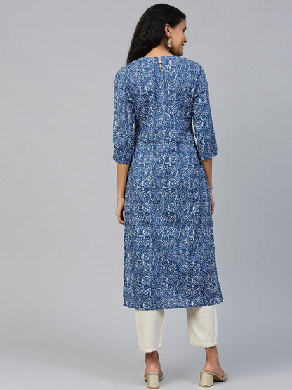 Women's Blue Floral Printed Mandarin Collar Cotton A-Line Dress