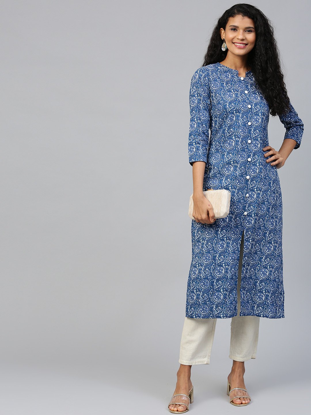 Women's Blue Floral Printed Mandarin Collar Cotton A-Line Dress