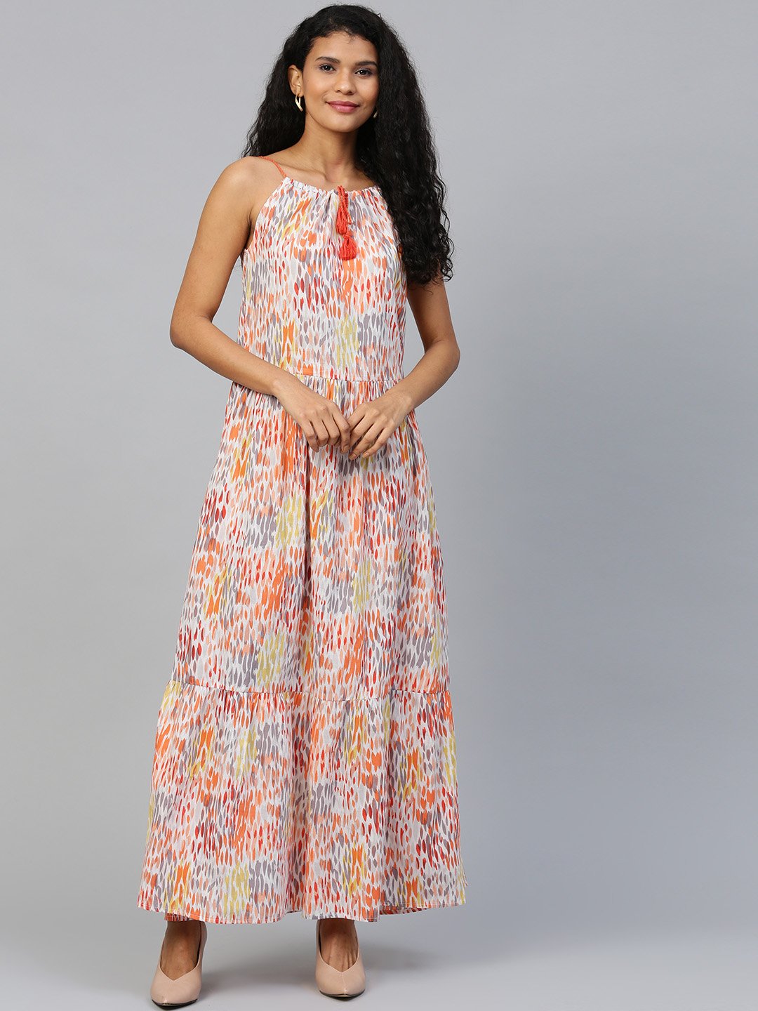 Women's Multi Abstract Printed Halter Neck Cotton A-Line Dress
