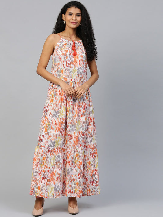 Women's Multi Abstract Printed Halter Neck Cotton A-Line Dress